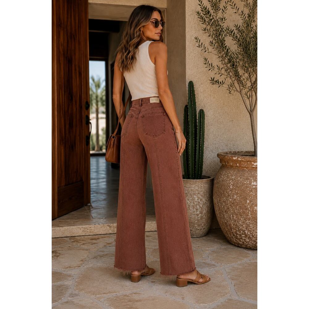 Pistola Rust Wide Leg Raw Hem Jeans 31 High Rise Front Seam Boho Western Chic - Picture 3 of 15
